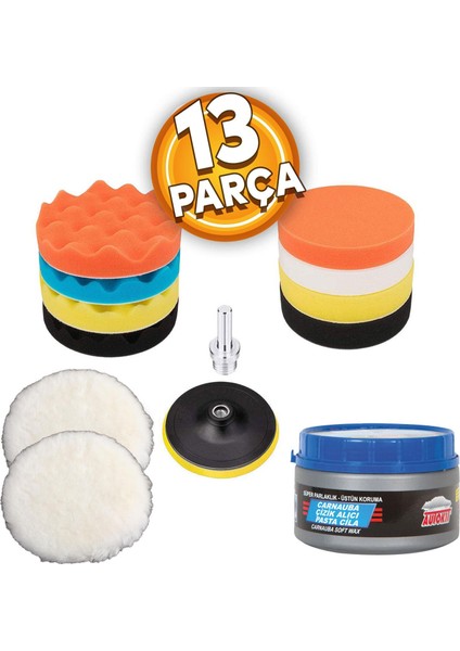 Oto Araç Araba Pasta Cila Çizik Giderici Yün Polisaj Süngeri Pedi 115 Mm Parlatma 13 Parça Seti