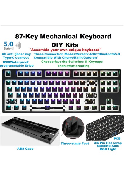 Rgb Led Dıy 87-Key Mekanik Klavye Dizüstü Bilgisayar Siyahı Için Değiştirilebilir (Yurt Dışından)