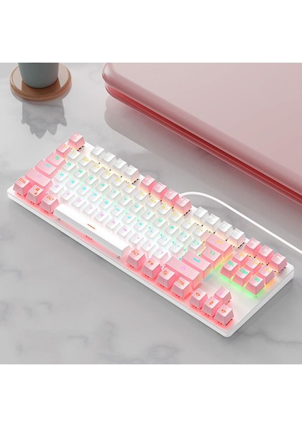 Usb Type-C 87 Tuşlar Sevimli Kablolu Oyun Klavyesi Sessiz Tasarım Beyaz Pembe (Yurt Dışından)