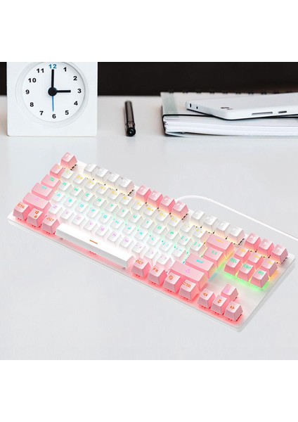 Usb Type-C 87 Tuşlar Sevimli Kablolu Oyun Klavyesi Sessiz Tasarım Beyaz Pembe (Yurt Dışından)