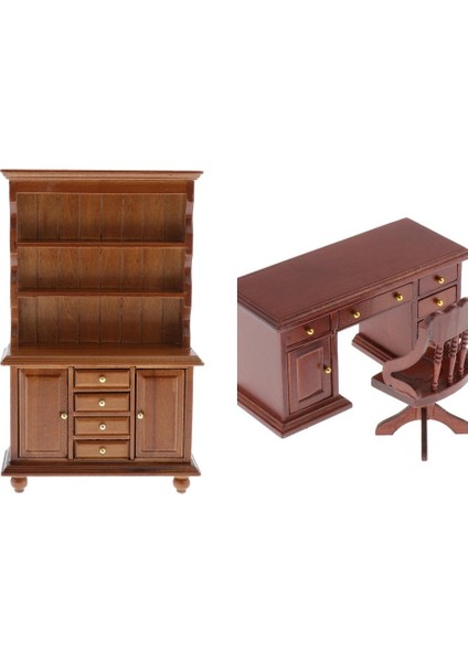 2pcs 1/12 Dollhouse Ahşap Yazma Masası Sandalye ve Çekmece Dolabı Mobilya Oyuncakları (Yurt Dışından)