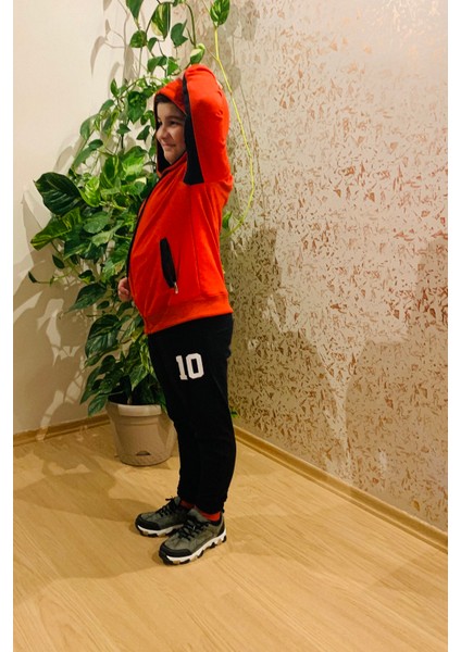 Erkek Çocuk Kırmızı Siyah Parçalı Fermuarlı Cepli Kapşonlu Arkası Baskılı Sweatshirt fırsatları
