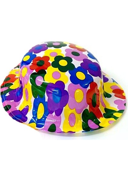 Hawaii Flower Çiçek Desenli Yuvarlak Plastik Parti Şapkası Yetişkin 1 Adet