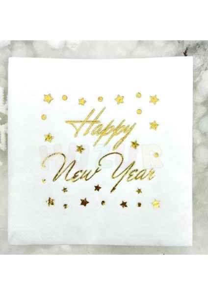 Altın Varak Happy New Year Yazılı Tek Taraf Baskılı Yılbaşı Peçetesi 16 Adet Beyaz Renk