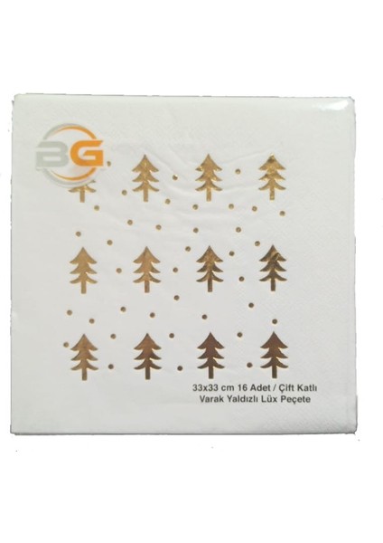 Altın Varak Çam Ağacı Şekilli Tek Taraf Baskılı Yılbaşı Peçetesi 16 Adet Beyaz Renk