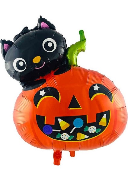 Cadılar Bayramı Halloween Kedili Balkabağı Şeklinde Folyo Balon 65 x 50 cm