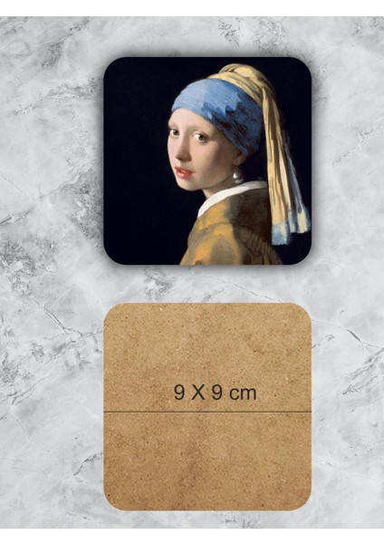 Johannes Vermeer Sanatı Temalı  Ahşap Bardak Altlığı Ahşap Baskılı Altlık 6'lı set (9 x9CM)