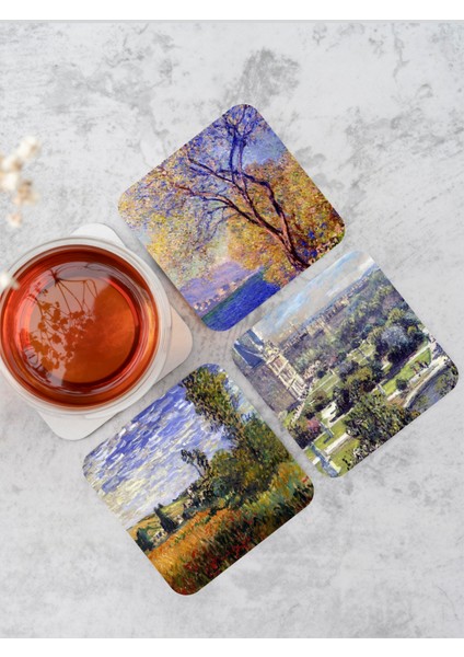 Claude Monet Temalı Ahşap Bardak Altlığı Ahşap Baskılı Altlık 6'lı set (9 x9CM) indirimleri