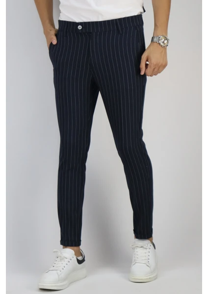 Erkek Lacivert Slim Fit Çizgili Kumaş Pantolon INP129