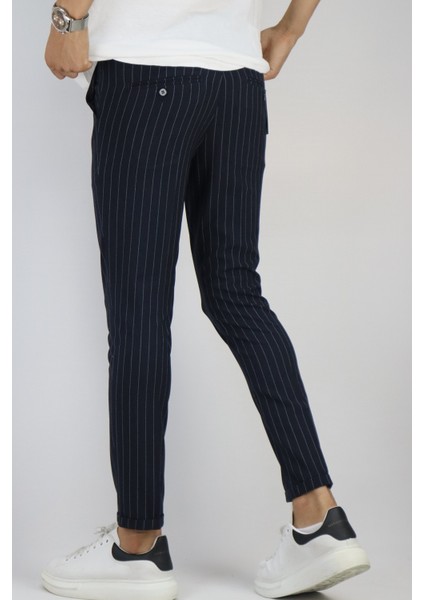 Erkek Lacivert Slim Fit Çizgili Kumaş Pantolon INP129