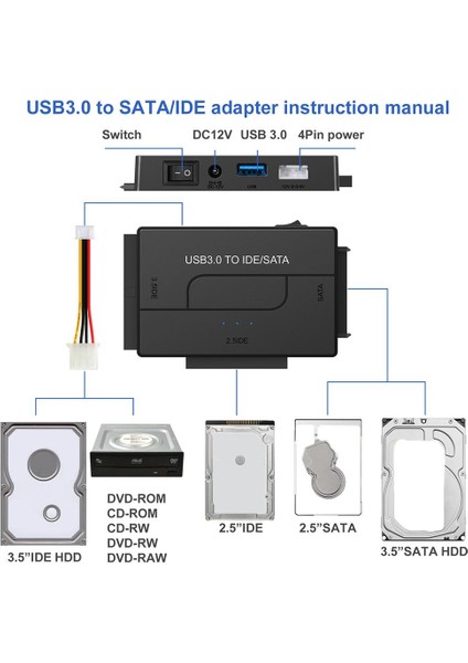 Harici /Ide - Usb 3.0 Adaptör Adaptör Ide Adaptörü 2.5 "/3.5" Inç Ide Ve Hdd Için Usb 3.0 Kablosu (Yurt Dışından)