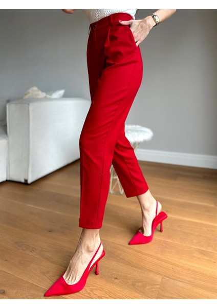 Kadın Beli Lastikli Cepli Kırmızı Havuç Pamuklu Pantolon modelleri