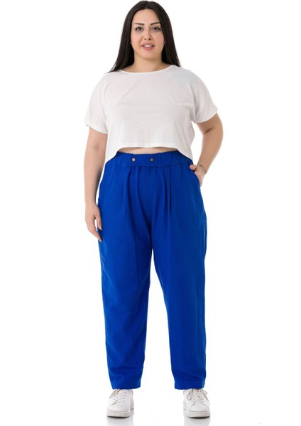 Büyük Beden Önü Pileli Cepli Süs Patlı Keten Indigo Pantolon fiyatları
