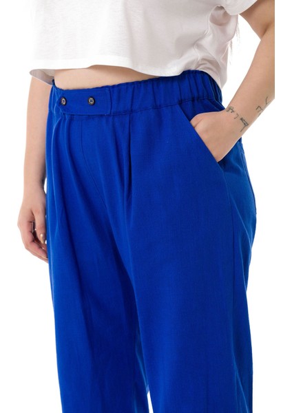 Büyük Beden Önü Pileli Cepli Süs Patlı Keten Indigo Pantolon fırsatları