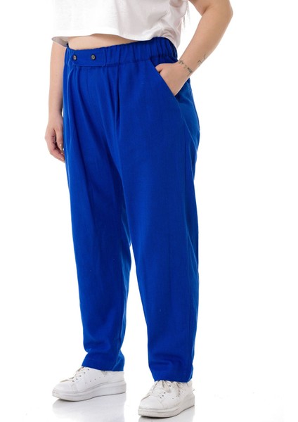 Büyük Beden Önü Pileli Cepli Süs Patlı Keten Indigo Pantolon indirimleri