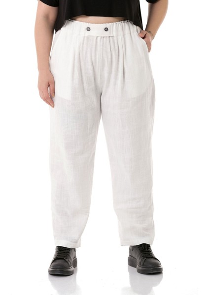 Büyük Beden Önü Pileli Cepli Süs Patlı Keten Beyaz Pantolon
