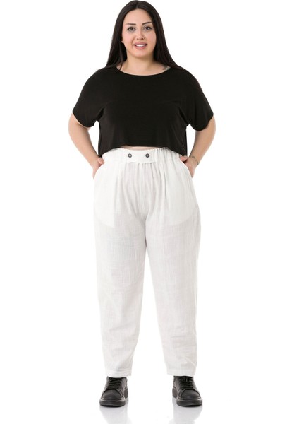 Büyük Beden Önü Pileli Cepli Süs Patlı Keten Beyaz Pantolon fiyatları