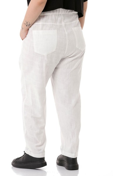 Büyük Beden Önü Pileli Cepli Süs Patlı Keten Beyaz Pantolon modelleri