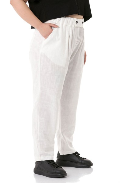 Büyük Beden Önü Pileli Cepli Süs Patlı Keten Beyaz Pantolon indirimleri