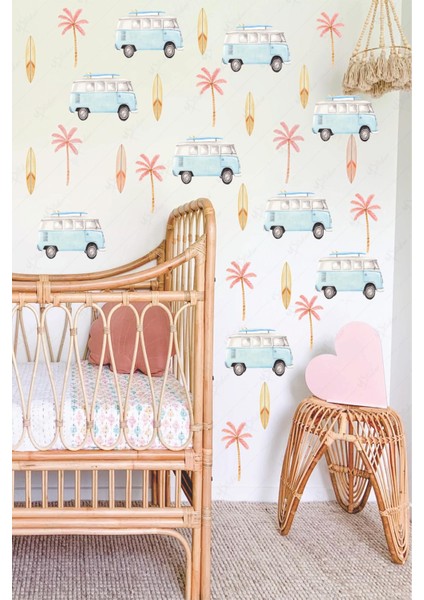 Soft Mavi Renklerde Arabalı Çocuk Bebek Odası Sticker Seti - Mavi Rüya Sticker Seti