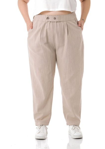 Büyük Beden Önü Pileli Cepli Süs Patlı Keten Bej Pantolon