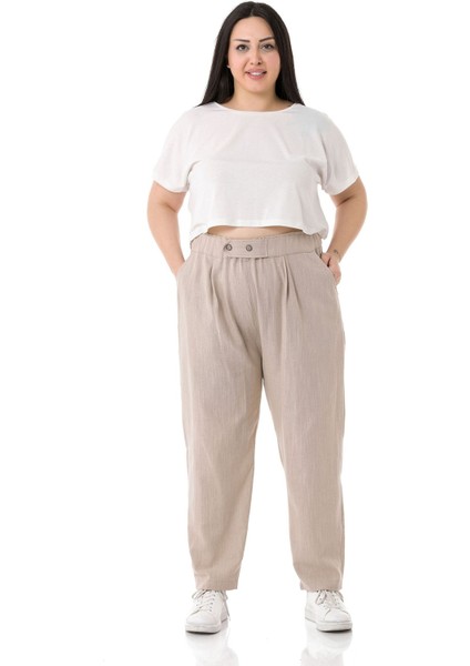 Büyük Beden Önü Pileli Cepli Süs Patlı Keten Bej Pantolon fiyatları