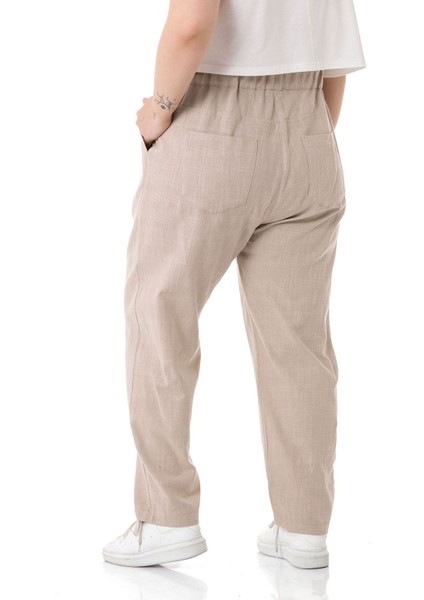 Büyük Beden Önü Pileli Cepli Süs Patlı Keten Bej Pantolon modelleri