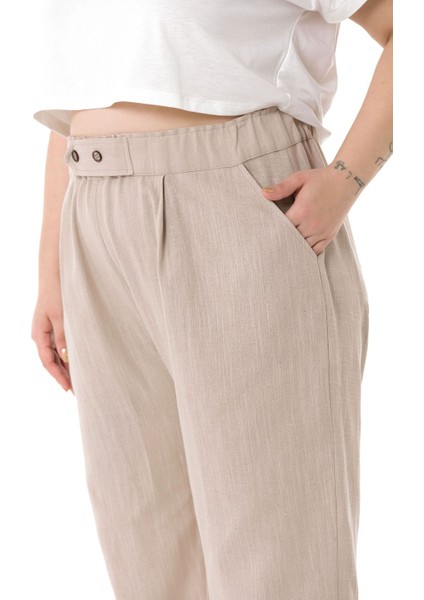 Büyük Beden Önü Pileli Cepli Süs Patlı Keten Bej Pantolon fırsatları