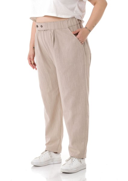 Büyük Beden Önü Pileli Cepli Süs Patlı Keten Bej Pantolon indirimleri