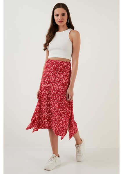 Desenli Volanlı Midi Boy Yırtmaçlı Etek Bayan Etek 5864073