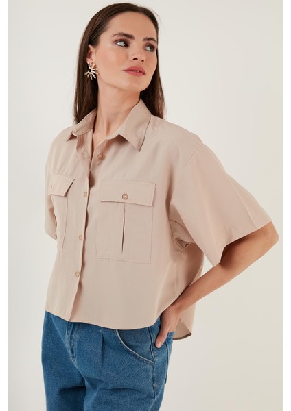 Pamuklu Oversize Çift Cepli Kısa Kol Gömlek Bayan Gömlek 6234786