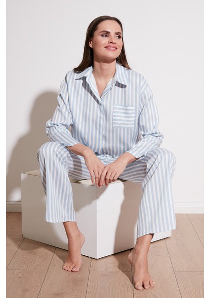 Çizgili Rahat Kesim Bol Paça Pijama Takımı Bayan Pijama Takımı 6110014