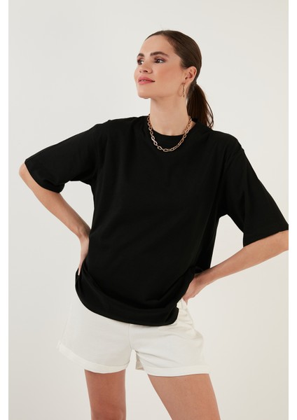 Pamuklu Oversize Bisiklet Yaka T Shirt Bayan T Shirt 5864562