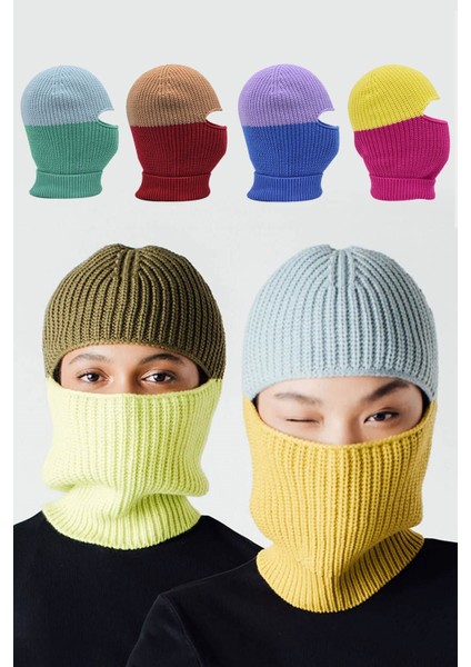 Color Block Renkli Balaclava Kar Maskesi Triko Bere Boyunluk 1 Adet