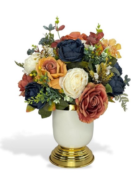 Yapay Çiçek Aranjmanı Metal Gold-Krem Vazolu Nişan Çiçeği Isteme Çiçeği Masa Üstü Çiçeği Arajman