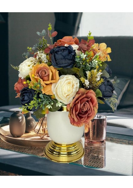 Yapay Çiçek Aranjmanı Metal Gold-Krem Vazolu Nişan Çiçeği Isteme Çiçeği Masa Üstü Çiçeği Arajman modelleri