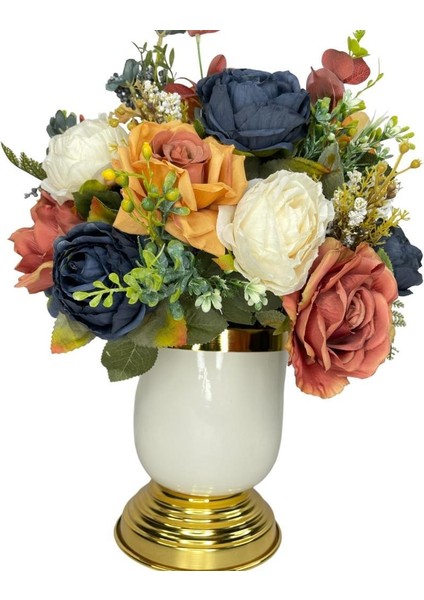 Yapay Çiçek Aranjmanı Metal Gold-Krem Vazolu Nişan Çiçeği Isteme Çiçeği Masa Üstü Çiçeği Arajman fırsatları