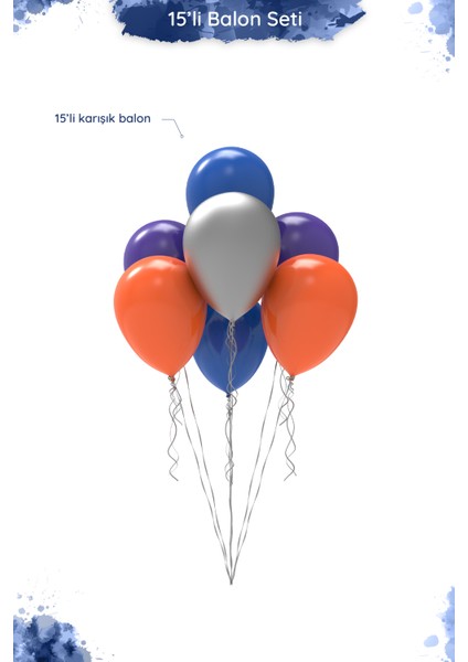 Lacivert Mor Turuncu Metalik Gümüş Balon Seti - 15 Adet