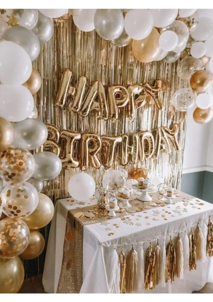 Gold Happy Bırthday Full Set Gold Beyaz Gri Metalik Balon Zincir Gold Arka Fon