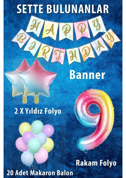 Gökkuşağı Konsepti Yaş Doğum Günü Parti Kutlama Seti; Rakam ve Yıldız Folyo Banner ve Makaron