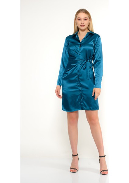 Gömlek Yaka Uzun Kol Saten Elbise Yeşil 6010