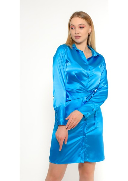 Gömlek Yaka Uzun Kol Saten Elbise Mavi 6010 indirimleri