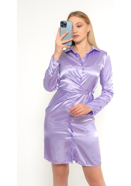 Gömlek Yaka Uzun Kol Saten Elbise Lila 6010 indirimleri