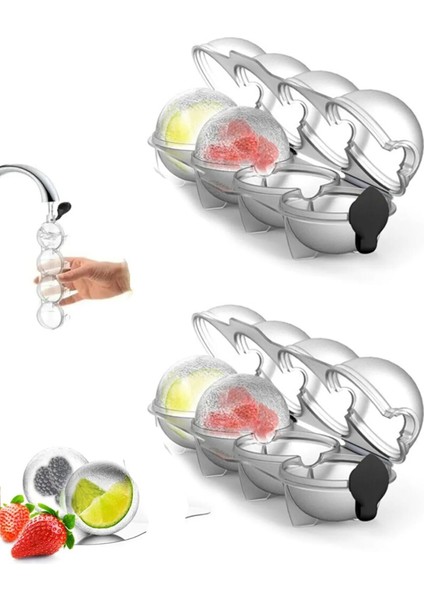 2 Adet 4 Lü Buz Kalıbı, Yuvarlak Meyveli Buz Topu Dondurucu Buzluk Saklama ve Sunum Kabı (Bpa Free)