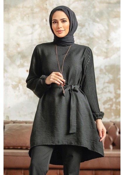 - Kolları Pileli Siyah Tesettür Tunik 41221S