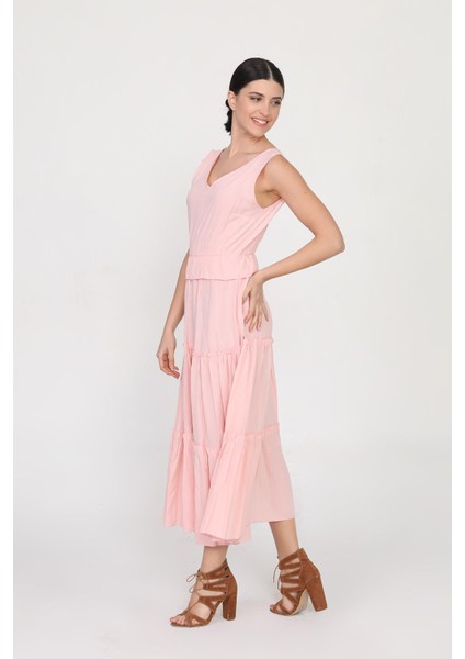 Ön Arka V Yakalı Beli Lastikli Midi Boy Elbise fiyatları