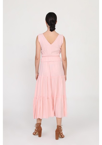 Ön Arka V Yakalı Beli Lastikli Midi Boy Elbise modelleri