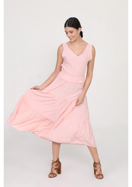 Ön Arka V Yakalı Beli Lastikli Midi Boy Elbise fırsatları