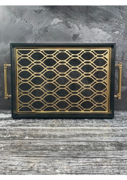 Gold Detaylı Büyük Boy Cam Desenli Ahşap Tepsi Sunum Servis Tepsisi