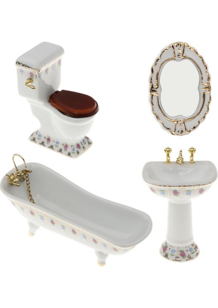 1/12 Dollhouse Minyatür Banyo Seti Accs Çiçek Tuvalet Küvet Lavabo #2 (Yurt Dışından)